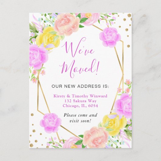 ピンクと黄色の夏の花フレーム引っ越しました ポストカード (正面)