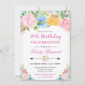 ピンクと黄色の夏の花誕生日 招待状 (正面)