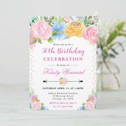 ピンクと黄色の夏の花誕生日 招待状 (スタンド正面)