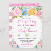 ピンクと黄色の夏の花誕生日 招待状 (正面/裏面)