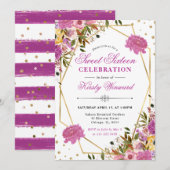 ピンクと黄色の夏の花金ゴールドフレーム甘い16 招待状 (正面/裏面)