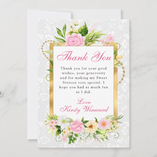 ピンクと黄色の夏の花金ゴールド甘い16 サンキューカード (正面)