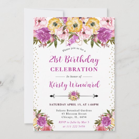 ピンクと黄色の夏の花21歳の誕生日 招待状 (正面)