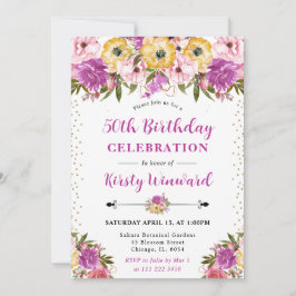 ピンクと黄色の夏の花50誕生日 招待状