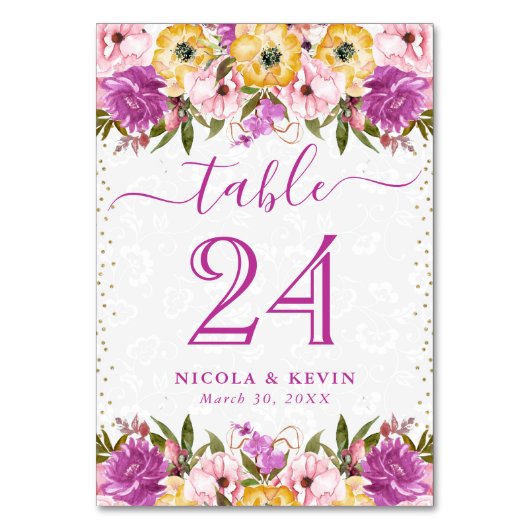 ピンクと黄色の夏結婚の花 テーブルナンバー (正面)
