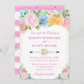 ピンクと黄色の夏結婚の花 招待状 (正面/裏面)
