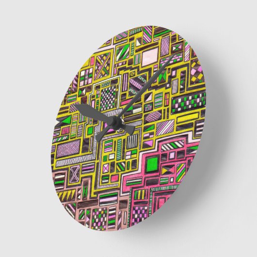 ピンクと黄色の幾何図形アポップ・アートのートパンク ラウンド壁時計 (傾斜)