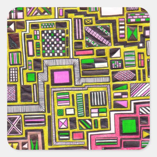 ピンクと黄色の幾何学的なシェイプポップ・アートのアートパンク スクエアシール (正面)