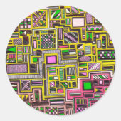 ピンクと黄色の幾何学的なシェイプポップ・アートのアートパンク ラウンドシール (正面)