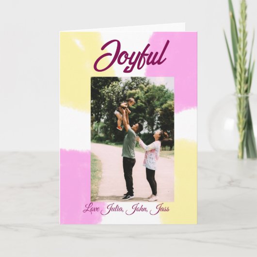 ピンクと黄色の楽しい休日の写真 家族 レトロ ボヘミアンスタイル カード (正面)