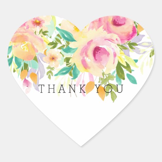 ピンクと黄色の水の色のフローラありがとう ハートシール (正面)
