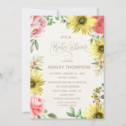 ピンクと黄色の水の色のフローラ赤ちゃんシャワー 招待状 (正面)
