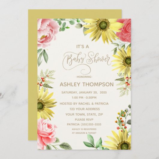 ピンクと黄色の水の色のフローラ赤ちゃんシャワー 招待状 (正面/裏面)