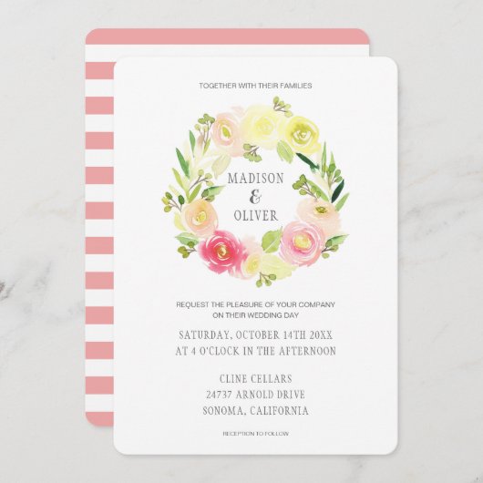 ピンクと黄色の水カラーフローラリース | 結婚s 招待状 (正面/裏面)