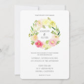 ピンクと黄色の水カラーフローラリース | 結婚s 招待状 (正面)