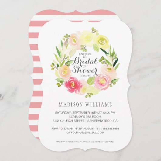 ピンクと黄色の水カラーフローラ |ブライダルシャワー 招待状 (正面/裏面)