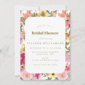 ピンクと黄色の水彩花のウェディングシャワー 招待状 (正面)