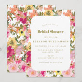 ピンクと黄色の水彩花のウェディングシャワー 招待状 (正面/裏面)