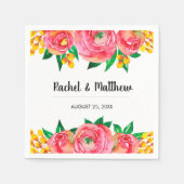 ピンクと黄色の水色のフローラ結婚の スタンダードカクテルナプキン (正面)