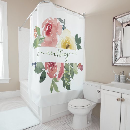 ピンクと黄色の水色のフローラ パーソナライズされた シャワーカーテン (インサイチュ)