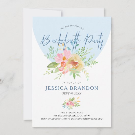 ピンクと黄色の水色の花のタイポモダングラ 招待状 (正面)