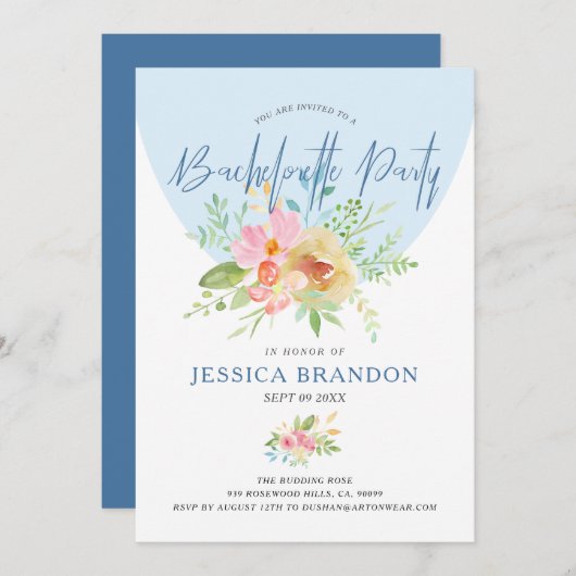 ピンクと黄色の水色の花のタイポモダングラ 招待状 (正面/裏面)