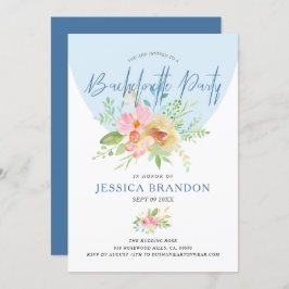 ピンクと黄色の水色の花のタイポモダングラ 招待状