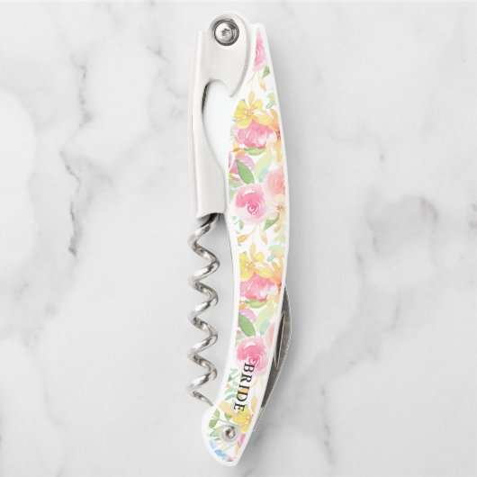 ピンクと黄色の水色の花のパターン ソムリエナイフ (正面)
