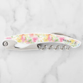 ピンクと黄色の水色の花のパターン ソムリエナイフ (正面)