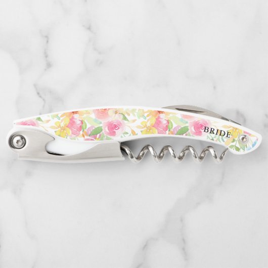 ピンクと黄色の水色の花のパターン ソムリエナイフ (正面)