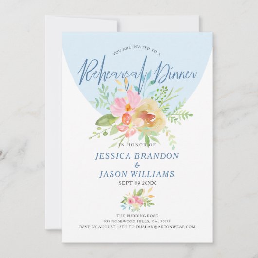 ピンクと黄色の水色の花のモダンタイポグラフィ 招待状 (正面)