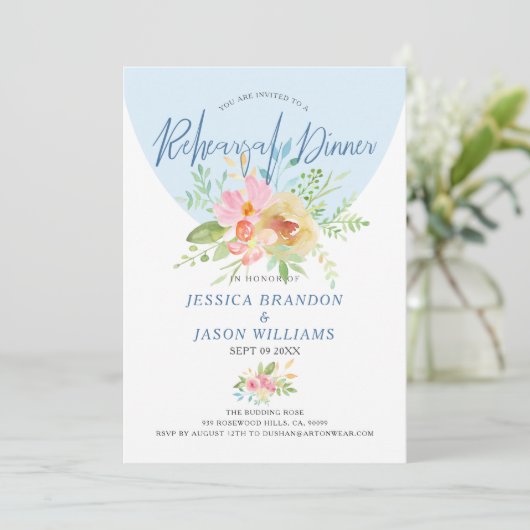 ピンクと黄色の水色の花のモダンタイポグラフィ 招待状 (スタンド正面)