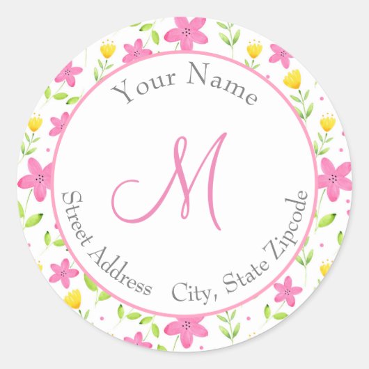 'ピンクと黄色の水色の花模様'ラベル ラウンドシール (正面)