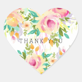 ピンクと黄色の水色フローラハートありがとう ハートシール