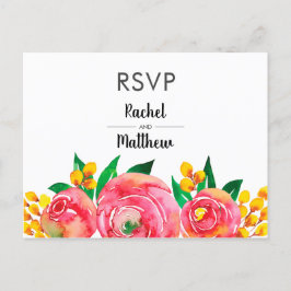 ピンクと黄色の水色フローラRSVPポストカード インビテーションポストカード