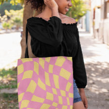 ピンクと黄色の波状レトロ市松模様に