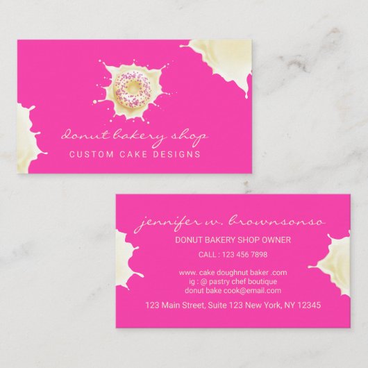 ピンクと黄色の焼き菓子店のスイートクリームドーナツ 名刺 (正面/裏面)
