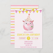 ピンクと黄色の牛ふっくらとした豊かな誕生日パーティー 招待状 (正面/裏面)