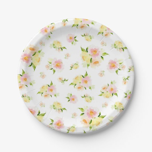 ピンクと黄色の牡丹フローラの水色 ペーパープレート (正面)