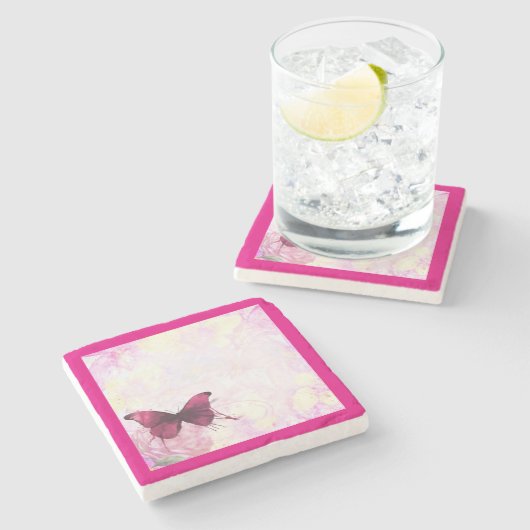 ピンクと黄色の紫色の水色の蝶 ストーンコースター (横)