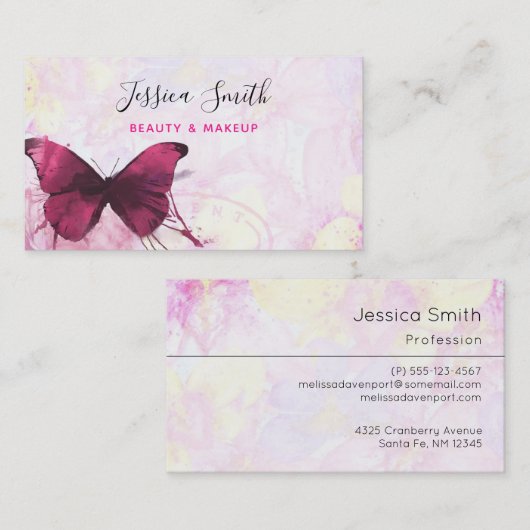 ピンクと黄色の紫色の水色の蝶 名刺 (正面/裏面)