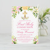 ピンクと黄色の花が最初の聖餐式 招待状 (スタンド正面)