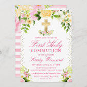 ピンクと黄色の花が最初の聖餐式 招待状 (正面/裏面)