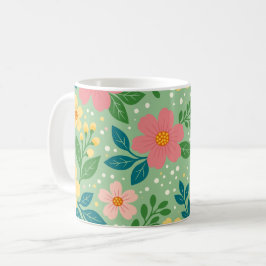 ピンクと黄色の花と緑と青の葉 コーヒーマグカップ