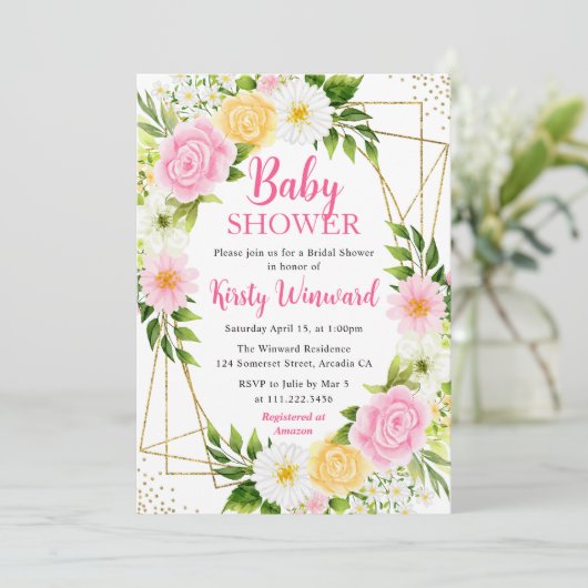 ピンクと黄色の花と金ゴールドフレーム赤ちゃんシャワー 招待状 (スタンド正面)