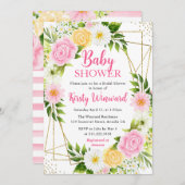 ピンクと黄色の花と金ゴールドフレーム赤ちゃんシャワー 招待状 (正面/裏面)