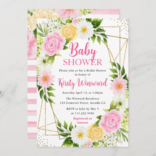 ピンクと黄色の花と金ゴールドフレーム赤ちゃんシャワー 招待状 (正面/裏面)