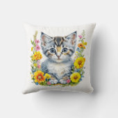 ピンクと黄色の花の水色の子猫 クッション (裏面)
