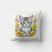 ピンクと黄色の花の水色の子猫 クッション (正面)
