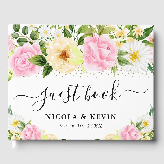 ピンクと黄色の花の金ゴールド結婚枠 ゲストブック (正面)